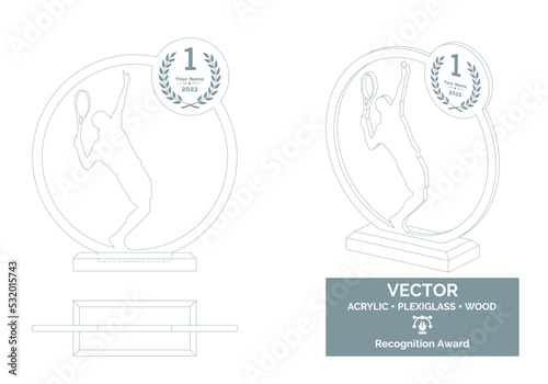 Tennis player trophy vector template, Tennis trophy template, Tennis championship recognition award.