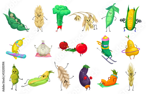 Cartoon Cereal and Vegetable Food Character Playing Sport and Doing Physical Activity Big Vector Set