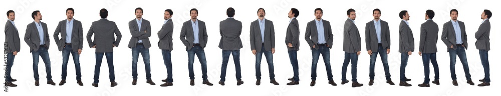 large line of same man wariouos poses on white background large line of same man wariouos poses on white background