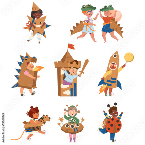 Happy Children in Homemade Cardboard Costume Playing and Having Fun Vector Set
