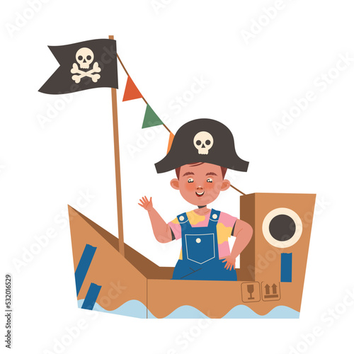 Happy Little Boy in Homemade Cardboard Boat in Pirate Hat Playing and Having Fun Vector Illustration