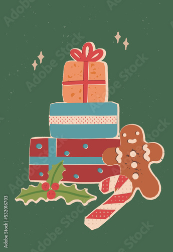 Christmas, New Year, Winter Holidays retro greeting card. Gingerbread man, gift boxes in stack, mistletoe, candy cane.