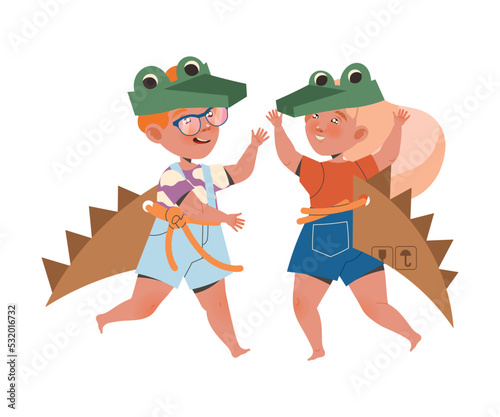 Little Boy and Girl in Homemade Cardboard Gator Costume Playing and Having Fun Vector Illustration
