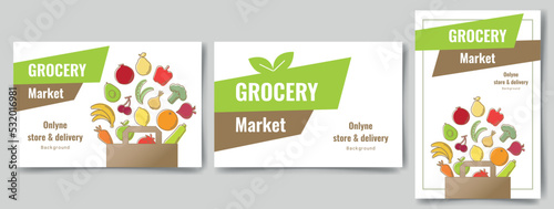 Set of flyers with organic Grocery shopping concept design for store, Online Market, Home delivery, Fresh food, Ordering, Sale concept