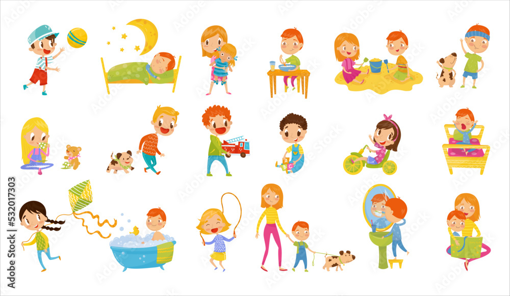 Kids Day with Little Boy and Girl Playing Toys, Walking, Waking Up, Eating Breakfast and Bathing Vector Set