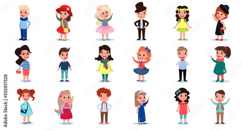 Little Girl and Boy Characters Dressed in Fashionable Garment Vector Big Set