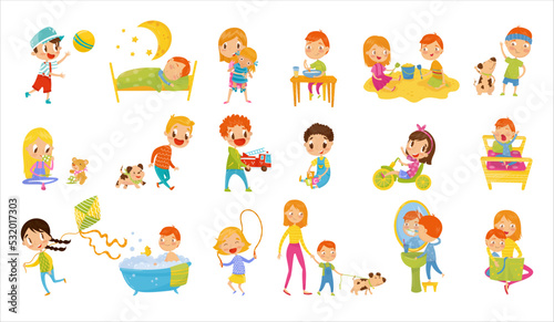 Kids Day with Little Boy and Girl Playing Toys, Walking, Waking Up, Eating Breakfast and Bathing Vector Set