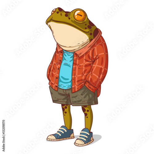An Urban Frog, isolated vector illustration. Cartoon picture of a dreamy toad in casual outfit. Drawn animal sticker. An anthropomorphic frog on white background. A dressed animal character.