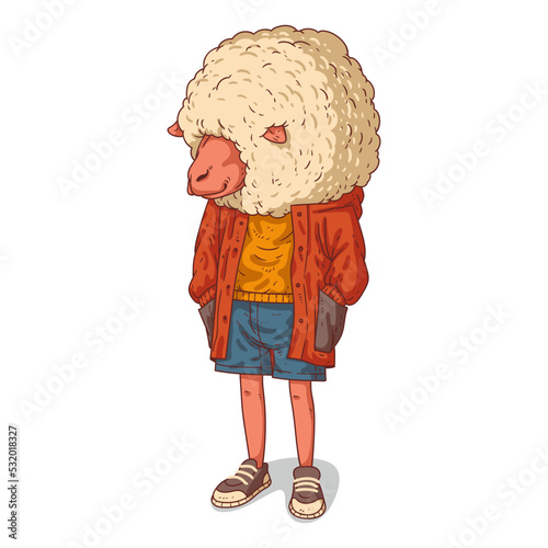An Urban Sheep, isolated vector illustration. Drawn ewe character in a casual outfit with an afro haircut. A dressed animal art. A lamb with a human body on white background. An animal sticker.