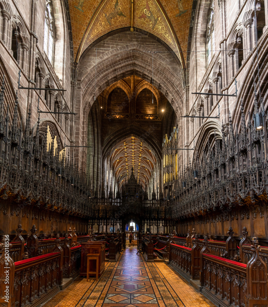 view of the choir and central nave of the historic Chester Cathedral in Cheshire