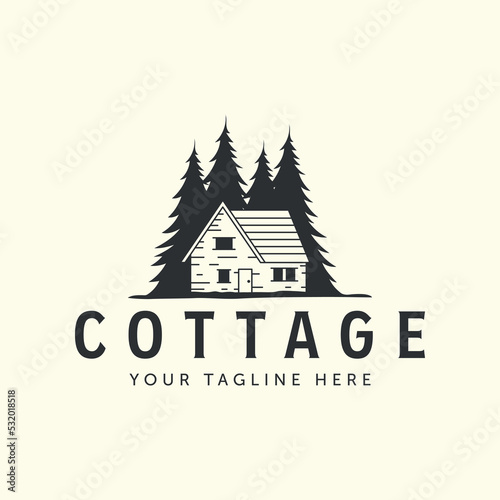 vintage cottage house and tree style logo vector illustration icon template design. barn, cabin, lodging logo design photo
