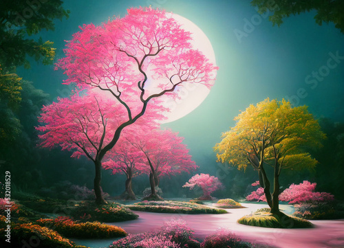 fantasy landscape with pink trees, digital art
