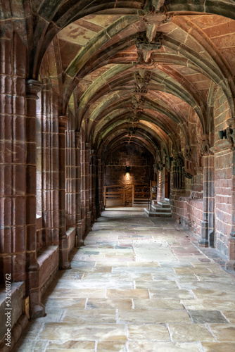 vertical view of the cloister hallway in the courtyard of the historic Chester Cathedral