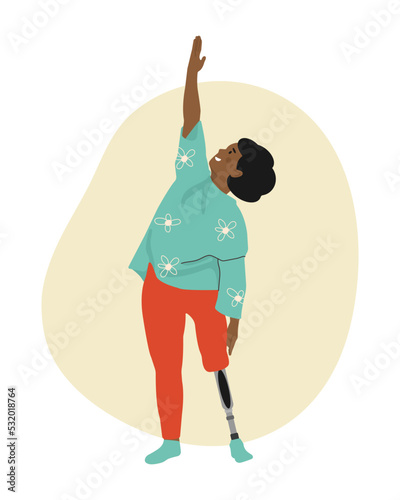 African american Disabled girl living full life. A Woman doing Yoga thanks to a modern Prosthesis. People with Disabilities, Prosthesis, amputation, inclusion. Vector illustration.