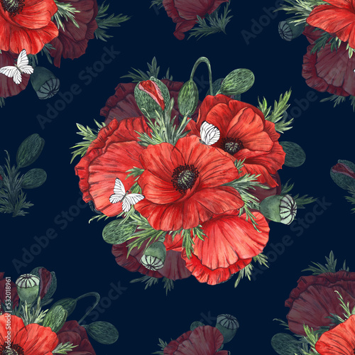 The pattern is made seamlessly with red poppies painted in watercolor and highlighted on a dark background.