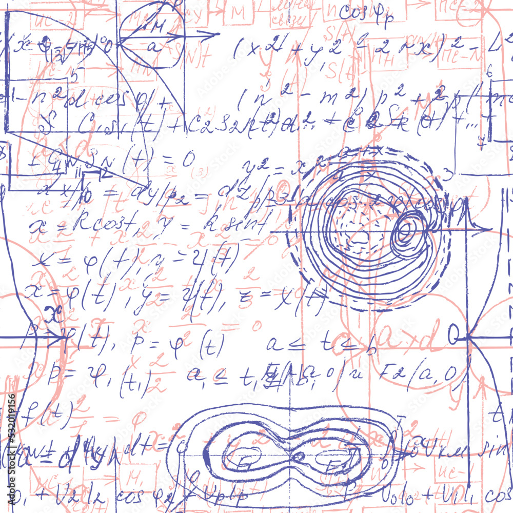 Math seamless pattern endless pattern with handwriting of various operations such as addition, subtraction, multiplication, division an calculations. Geometry, mathematics subjects. College lectures.