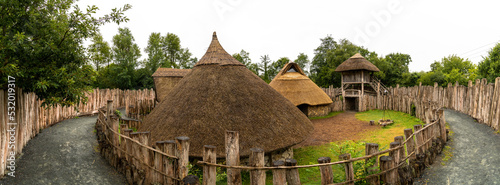 panorama view of a reconstructed early medieval ringfort in the Irish National heritage Park