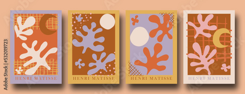 Contemporary organic shapes posters. Abstract collage set Matisse inspired with scribbles curves. geometric minimalist algae silhouette composition.