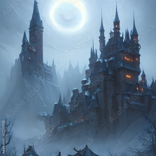 Fantasy Castle on another planet , drammatic lighting, illustration photo