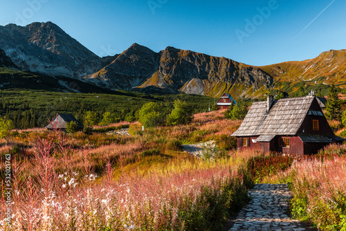 Wooden shelter in Carpathia Mountains. Meadows on Hala Gasienicowa in Tatras, Poland