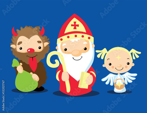 Saint Nicholas, Angel and a Devil Cartoon Illustration Simple Cute Flat Design