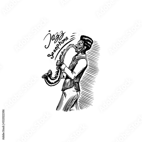  Afro American Jazz saxophonist. Man playing a musical instrument. Hand drawn logo or badge. Sketch. Doodle vector illustration.