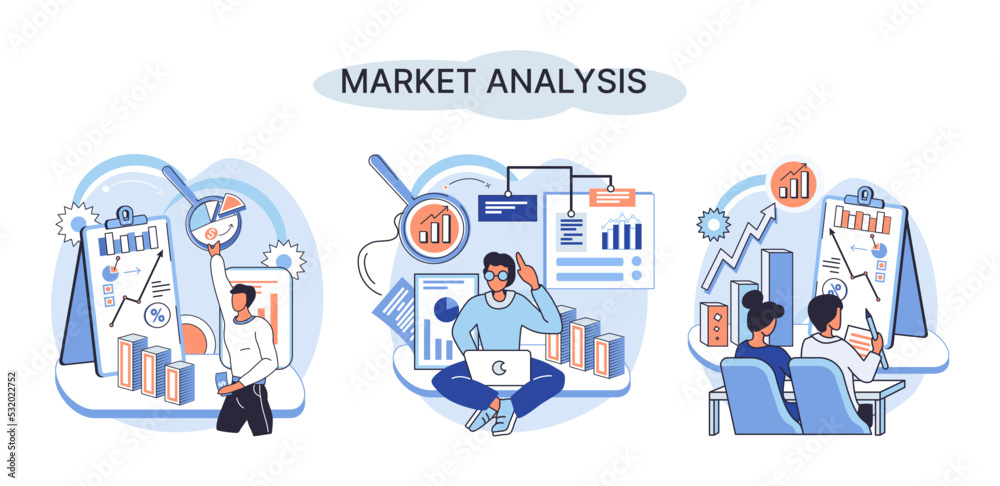 Market analysis metaphor marketing strategy development. Business research. Identify business determine solutions business problems solving. Marketer analyzes sales plan, doing an advertising campaign Market analysis metaphor marketing strategy development. Business research. Identify business determine solutions business problems solving. Marketer analyzes sales plan, doing an advertising campaign