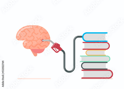 Vector illustration of brain filling-up with new knowledge from books. Education concept. Flat design illustration