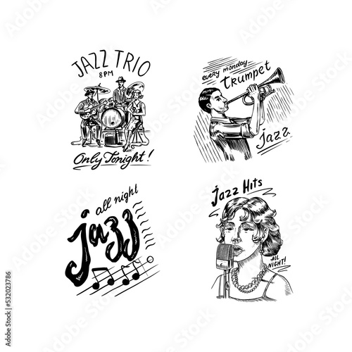 Woman jazz singer sings into a microphone Sketch. Afro American saxophonist. Male musician with a guitar in a hat on a poster. Hand drawn logo or badge. Doodle vector illustration.