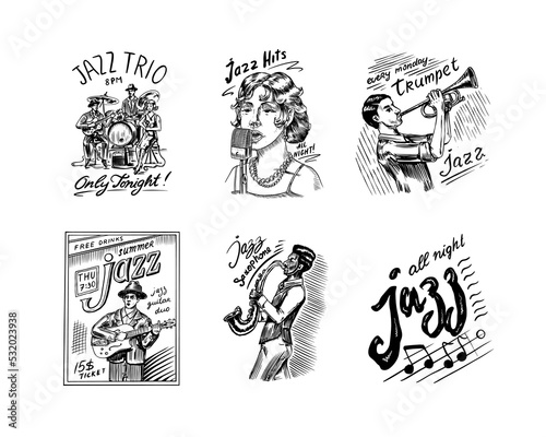 Woman jazz singer sings into a microphone Sketch. Afro American saxophonist. Male musician with a guitar in a hat on a poster. Hand drawn logo or badge. Doodle vector illustration.
