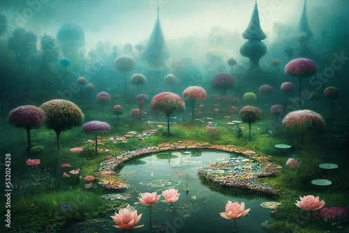 fairyland with fantasy trees and vegetation and little pond, digital art photo