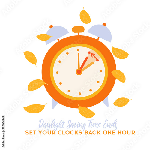 Daylight saving time ends, Fall Back concept banner. Clock change back one hour. Orange alarm clock and turning arrow to back one hour with fall leaves.  Vector illustration 