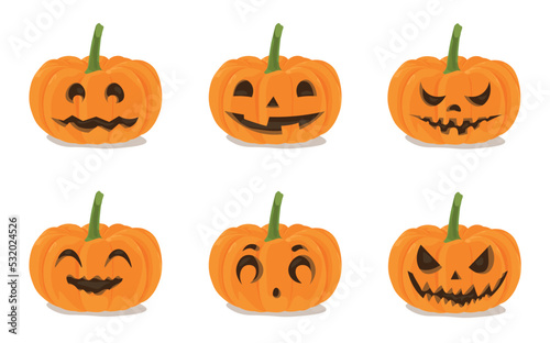 Set of carved Halloween pumpkins on white background