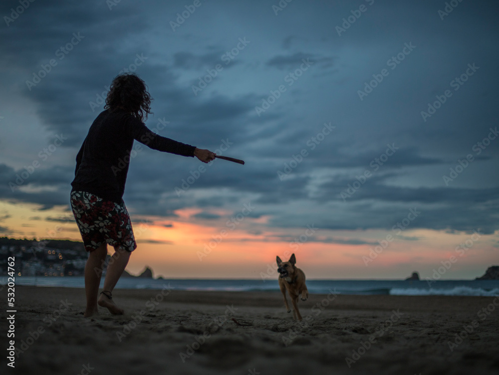 Woman playing with her dog on the beach at sunset