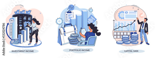 Capital gain, portfolio income, investment income. Investments and bonds, cash flow money slot, mutual fund, finance abstract metaphor. Money investing financiers analyzing stock market profit dollars