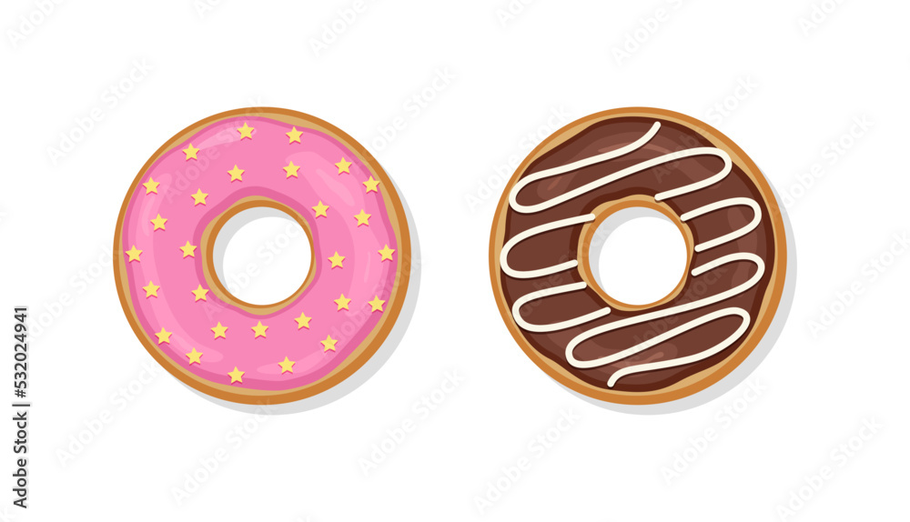 Donuts with glaze. Two sweet doughnuts with glossy icing. Set confectionery dessert isolated on white background. Top view of birthday pastry. Flat design. Vector illustration. Donuts with glaze. Two sweet doughnuts with glossy icing. Set confectionery dessert isolated on white background. Top view of birthday pastry. Flat design. Vector illustration.