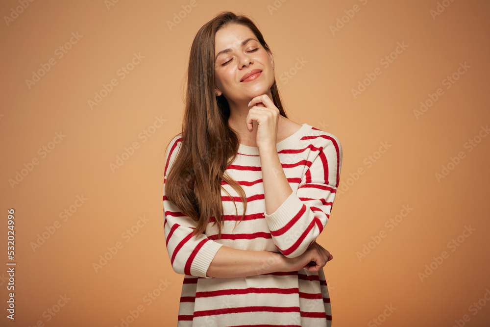 Thinking happy woman with eyes closed in casual sweater. Isolated female portrait. Thinking happy woman with eyes closed in casual sweater. Isolated female portrait.