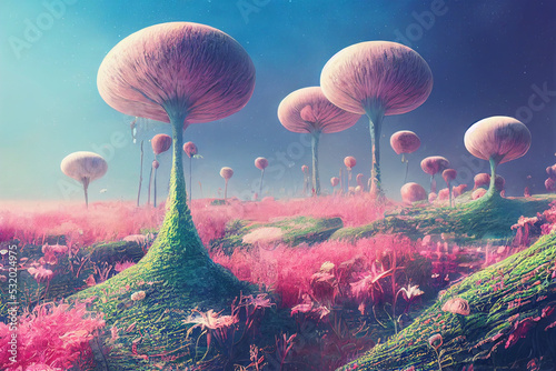 alien planet vegetation pastel colours, digital art photo