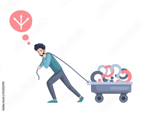 Making confusion. Man thought about solution to problem, choose options person concept. Career, life and question decision process visualization. Many unresolved issues, burden of difficult situation