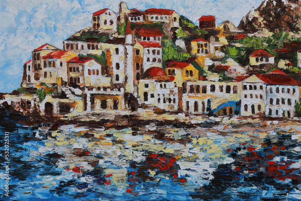 Coastal town with a pier. Modern oil painting of a European city located on the seashore