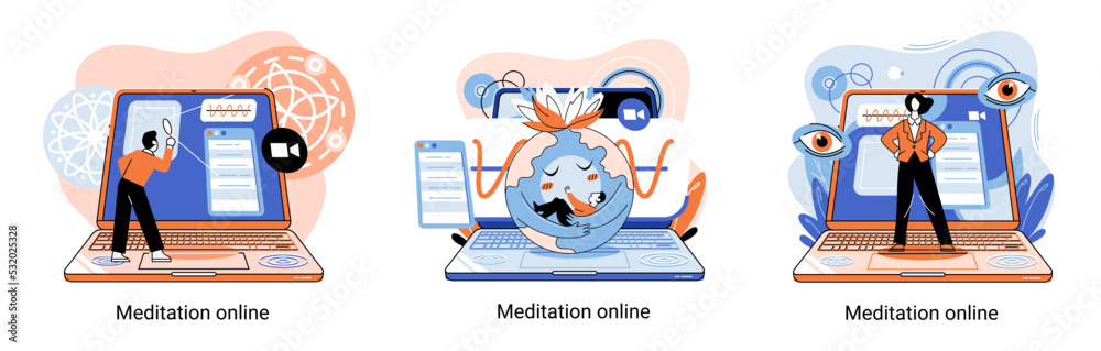 Meditation online metaphor. Classes on laptop, practicing yoga, mental exercises. Live stream, internet education. Wellness practice restore peace mind. Healthy lifestyle, clearing brain and managing Meditation online metaphor. Classes on laptop, practicing yoga, mental exercises. Live stream, internet education. Wellness practice restore peace mind. Healthy lifestyle, clearing brain and managing