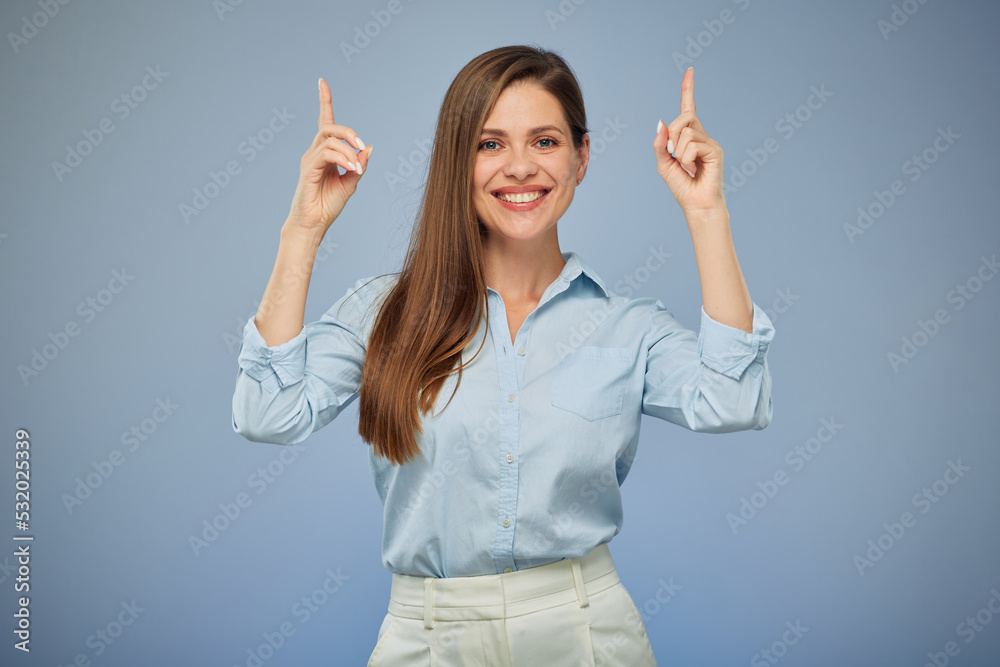 Happy business woman pointing finger up. Isolated portrait female business person. Happy business woman pointing finger up. Isolated portrait female business person.