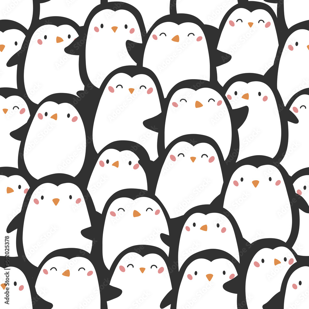 Seamless pattern with cute penguins. Funny cartoon animals. Hand drawn doodle birds. Winter vector illustration.