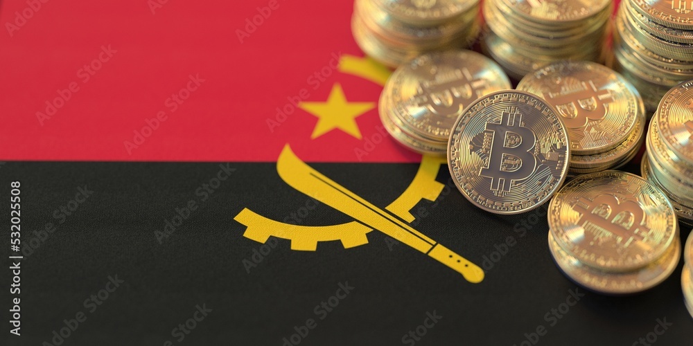 Flag of Angola and many bitcoins. National cryptocurrency regulations concept, 3d rendering