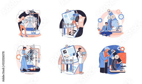 Medical research. Laboratory diagnostic services, medical device design development scenes metaphor. Scientists in hemistry clinic laboratories, microbiology pharmaceutical research. Vaccine discovery