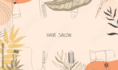 Frame, border of hairdressing tools. Hair salon accessories outline, comb, scissors and abstraction. Vector illustration, template for design and hairdresser information.