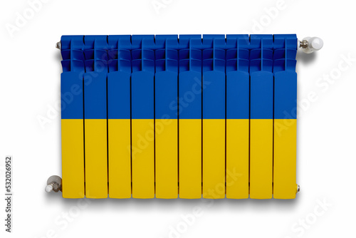 A heater with a printed flag of Ukraine against a white wall
