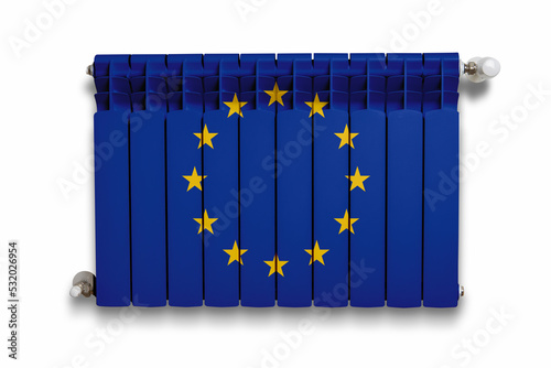 Heater with a regulator with a drawing of the flag of Europe against a white wall