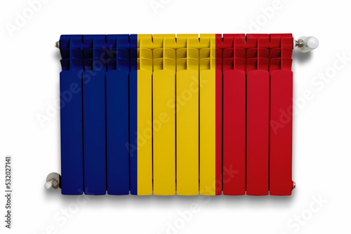 Heater with applied Romanian flag on white wall background