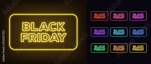 Outline neon Black Friday text with frame. Glowing neon Black Friday tag for online sale, promo text for social media